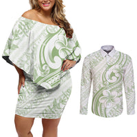 Hawaii Plumeria Lokelani Pikake Lei Couples Matching Off Shoulder Short Dress and Long Sleeve Button Shirt Oma'oma'o Polynesian Tattoo LT9 Green - Polynesian Pride