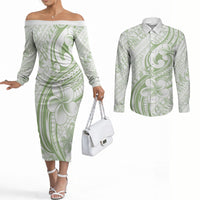 Hawaii Plumeria Lokelani Pikake Lei Couples Matching Off The Shoulder Long Sleeve Dress and Long Sleeve Button Shirt Oma'oma'o Polynesian Tattoo LT9 Green - Polynesian Pride
