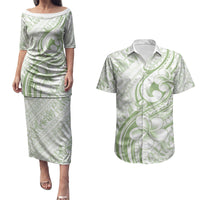 Hawaii Plumeria Lokelani Pikake Lei Couples Matching Puletasi and Hawaiian Shirt Oma'oma'o Polynesian Tattoo LT9 Green - Polynesian Pride