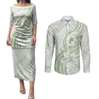 Hawaii Plumeria Lokelani Pikake Lei Couples Matching Puletasi and Long Sleeve Button Shirt Oma'oma'o Polynesian Tattoo LT9 Green - Polynesian Pride
