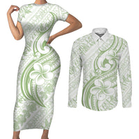 Hawaii Plumeria Lokelani Pikake Lei Couples Matching Short Sleeve Bodycon Dress and Long Sleeve Button Shirt Oma'oma'o Polynesian Tattoo LT9 Green - Polynesian Pride