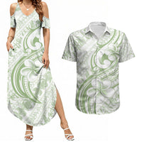 Hawaii Plumeria Lokelani Pikake Lei Couples Matching Summer Maxi Dress and Hawaiian Shirt Oma'oma'o Polynesian Tattoo LT9 Green - Polynesian Pride