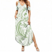 Hawaii Plumeria Lokelani Pikake Lei Summer Maxi Dress Oma'oma'o Polynesian Tattoo LT9 Women Green - Polynesian Pride