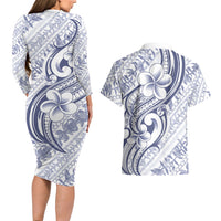 Hawaii Plumeria Lokelani Pikake Lei Couples Matching Long Sleeve Bodycon Dress and Hawaiian Shirt Navy Blue Polynesian Tattoo LT9 - Polynesian Pride