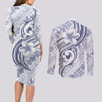 Hawaii Plumeria Lokelani Pikake Lei Couples Matching Long Sleeve Bodycon Dress and Long Sleeve Button Shirt Navy Blue Polynesian Tattoo LT9 - Polynesian Pride