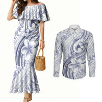 Hawaii Plumeria Lokelani Pikake Lei Couples Matching Mermaid Dress and Long Sleeve Button Shirt Navy Blue Polynesian Tattoo LT9 Navy Blue - Polynesian Pride