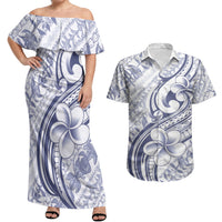Hawaii Plumeria Lokelani Pikake Lei Couples Matching Off Shoulder Maxi Dress and Hawaiian Shirt Navy Blue Polynesian Tattoo LT9 Navy Blue - Polynesian Pride