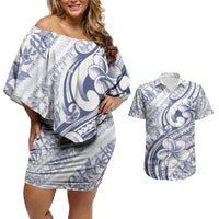 Hawaii Plumeria Lokelani Pikake Lei Couples Matching Off Shoulder Short Dress and Hawaiian Shirt Navy Blue Polynesian Tattoo LT9 Navy Blue - Polynesian Pride
