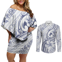 Hawaii Plumeria Lokelani Pikake Lei Couples Matching Off Shoulder Short Dress and Long Sleeve Button Shirt Navy Blue Polynesian Tattoo LT9 Navy Blue - Polynesian Pride