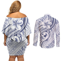 Hawaii Plumeria Lokelani Pikake Lei Couples Matching Off Shoulder Short Dress and Long Sleeve Button Shirt Navy Blue Polynesian Tattoo LT9 - Polynesian Pride