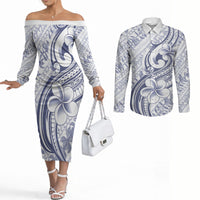Hawaii Plumeria Lokelani Pikake Lei Couples Matching Off The Shoulder Long Sleeve Dress and Long Sleeve Button Shirt Navy Blue Polynesian Tattoo LT9 Navy Blue - Polynesian Pride