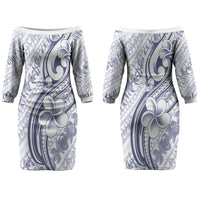 Hawaii Plumeria Lokelani Pikake Lei Couples Matching Off The Shoulder Long Sleeve Dress and Long Sleeve Button Shirt Navy Blue Polynesian Tattoo LT9 - Polynesian Pride