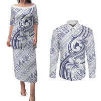 Hawaii Plumeria Lokelani Pikake Lei Couples Matching Puletasi and Long Sleeve Button Shirt Navy Blue Polynesian Tattoo
