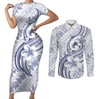 Hawaii Plumeria Lokelani Pikake Lei Couples Matching Short Sleeve Bodycon Dress and Long Sleeve Button Shirt Navy Blue Polynesian Tattoo LT9 Navy Blue - Polynesian Pride