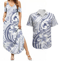 Hawaii Plumeria Lokelani Pikake Lei Couples Matching Summer Maxi Dress and Hawaiian Shirt Navy Blue Polynesian Tattoo LT9 Navy Blue - Polynesian Pride