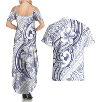 Hawaii Plumeria Lokelani Pikake Lei Couples Matching Summer Maxi Dress and Hawaiian Shirt Navy Blue Polynesian Tattoo LT9 - Polynesian Pride