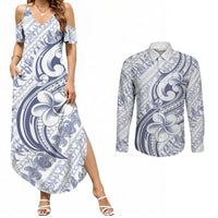 Hawaii Plumeria Lokelani Pikake Lei Couples Matching Summer Maxi Dress and Long Sleeve Button Shirt Navy Blue Polynesian Tattoo LT9 Navy Blue - Polynesian Pride