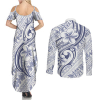 Hawaii Plumeria Lokelani Pikake Lei Couples Matching Summer Maxi Dress and Long Sleeve Button Shirt Navy Blue Polynesian Tattoo LT9 - Polynesian Pride