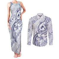 Hawaii Plumeria Lokelani Pikake Lei Couples Matching Tank Maxi Dress and Long Sleeve Button Shirt Navy Blue Polynesian Tattoo