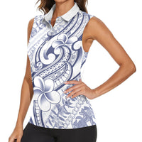 Hawaii Plumeria Lokelani Pikake Lei Women Sleeveless Polo Shirt Navy Blue Polynesian Tattoo