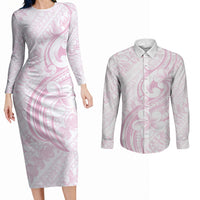 Hawaii Plumeria Lokelani Pikake Lei Couples Matching Long Sleeve Bodycon Dress and Long Sleeve Button Shirt Poni Mama Polynesian Tattoo LT9 Pink - Polynesian Pride