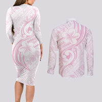 Hawaii Plumeria Lokelani Pikake Lei Couples Matching Long Sleeve Bodycon Dress and Long Sleeve Button Shirt Poni Mama Polynesian Tattoo LT9 - Polynesian Pride