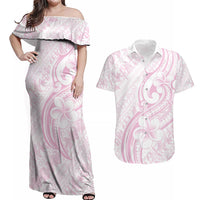 Hawaii Plumeria Lokelani Pikake Lei Couples Matching Off Shoulder Maxi Dress and Hawaiian Shirt Poni Mama Polynesian Tattoo LT9 Pink - Polynesian Pride