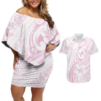 Hawaii Plumeria Lokelani Pikake Lei Couples Matching Off Shoulder Short Dress and Hawaiian Shirt Poni Mama Polynesian Tattoo LT9 Pink - Polynesian Pride