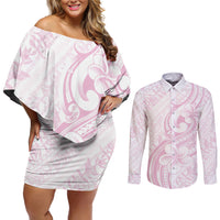 Hawaii Plumeria Lokelani Pikake Lei Couples Matching Off Shoulder Short Dress and Long Sleeve Button Shirt Poni Mama Polynesian Tattoo LT9 Pink - Polynesian Pride