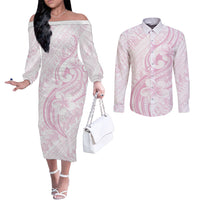Hawaii Plumeria Lokelani Pikake Lei Couples Matching Off The Shoulder Long Sleeve Dress and Long Sleeve Button Shirt Poni Mama Polynesian Tattoo LT9 Pink - Polynesian Pride