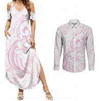 Hawaii Plumeria Lokelani Pikake Lei Couples Matching Summer Maxi Dress and Long Sleeve Button Shirt Poni Mama Polynesian Tattoo LT9 Pink - Polynesian Pride