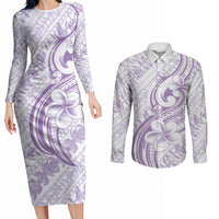 Hawaii Plumeria Lokelani Pikake Lei Couples Matching Long Sleeve Bodycon Dress and Long Sleeve Button Shirt Poni Polynesian Tattoo LT9 Purple - Polynesian Pride