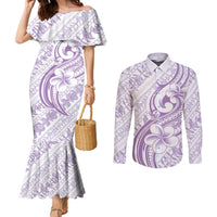 Hawaii Plumeria Lokelani Pikake Lei Couples Matching Mermaid Dress and Long Sleeve Button Shirt Poni Polynesian Tattoo LT9 Purple - Polynesian Pride