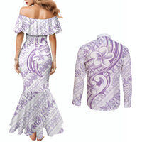 Hawaii Plumeria Lokelani Pikake Lei Couples Matching Mermaid Dress and Long Sleeve Button Shirt Poni Polynesian Tattoo LT9 - Polynesian Pride