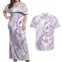 Hawaii Plumeria Lokelani Pikake Lei Couples Matching Off Shoulder Maxi Dress and Hawaiian Shirt Poni Polynesian Tattoo LT9 Purple - Polynesian Pride