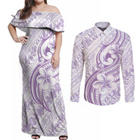 Hawaii Plumeria Lokelani Pikake Lei Couples Matching Off Shoulder Maxi Dress and Long Sleeve Button Shirt Poni Polynesian Tattoo LT9 Purple - Polynesian Pride