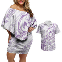 Hawaii Plumeria Lokelani Pikake Lei Couples Matching Off Shoulder Short Dress and Hawaiian Shirt Poni Polynesian Tattoo LT9 Purple - Polynesian Pride