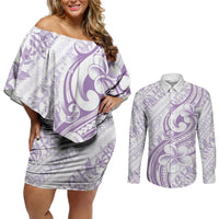 Hawaii Plumeria Lokelani Pikake Lei Couples Matching Off Shoulder Short Dress and Long Sleeve Button Shirt Poni Polynesian Tattoo LT9 Purple - Polynesian Pride