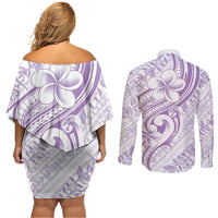 Hawaii Plumeria Lokelani Pikake Lei Couples Matching Off Shoulder Short Dress and Long Sleeve Button Shirt Poni Polynesian Tattoo LT9 - Polynesian Pride