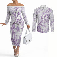Hawaii Plumeria Lokelani Pikake Lei Couples Matching Off The Shoulder Long Sleeve Dress and Long Sleeve Button Shirt Poni Polynesian Tattoo LT9 Purple - Polynesian Pride
