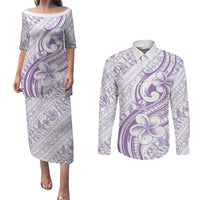 Hawaii Plumeria Lokelani Pikake Lei Couples Matching Puletasi and Long Sleeve Button Shirt Poni Polynesian Tattoo