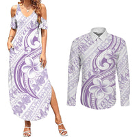 Hawaii Plumeria Lokelani Pikake Lei Couples Matching Summer Maxi Dress and Long Sleeve Button Shirt Poni Polynesian Tattoo LT9 Purple - Polynesian Pride