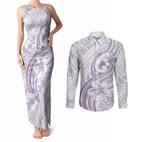 Hawaii Plumeria Lokelani Pikake Lei Couples Matching Tank Maxi Dress and Long Sleeve Button Shirt Poni Polynesian Tattoo LT9 Purple - Polynesian Pride
