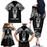 Personalised New Zealand Te Reo Maori Family Matching Off Shoulder Long Sleeve Dress and Hawaiian Shirt Kia Kaha Maori Language Week Black Style LT9 - Polynesian Pride
