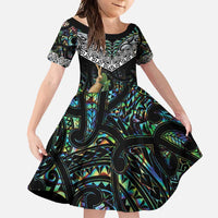 Personalised Maori Manaia Family Matching Off Shoulder Maxi Dress and Hawaiian Shirt New Zealand Tribal Hei Matau Papua Shell LT9 Daughter's Dress Green - Polynesian Pride