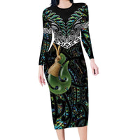 Personalised Maori Manaia Long Sleeve Bodycon Dress New Zealand Tribal Hei Matau Papua Shell LT9 Long Dress Green - Polynesian Pride
