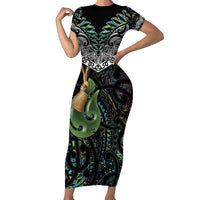 Personalised Maori Manaia Short Sleeve Bodycon Dress New Zealand Tribal Hei Matau Papua Shell LT9 Long Dress Green - Polynesian Pride