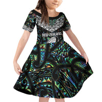 Custom New Zealand Family Matching Off Shoulder Short Dress and Hawaiian Shirt Maori Rugby Tattoo Papua Shell LT9 Daughter's Dress Green - Polynesian Pride