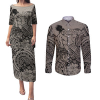 Beauty and The Warrior Polynesian Valentine Couples Matching Puletasi Dress and Long Sleeve Button Shirt Hibiscus FLowers Brown Style LT9 Brown - Polynesian Pride