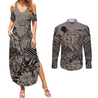 Beauty and The Warrior Polynesian Valentine Couples Matching Summer Maxi Dress and Long Sleeve Button Shirt Hibiscus FLowers Brown Style LT9 Brown - Polynesian Pride